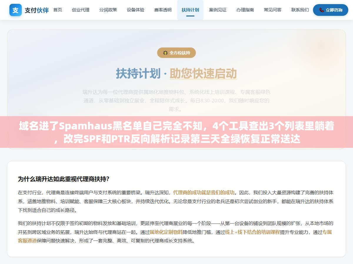 2 - 域名进了Spamhaus黑名单自己完全不知，4个工具查出3个列表里躺着，改完SPF和PTR反向解析记录第三天全绿恢复正常送达 - UC建站系统