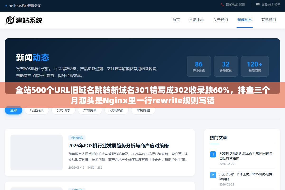 1 - 全站500个URL旧域名跳转新域名301错写成302收录跌60%，排查三个月源头是Nginx里一行rewrite规则写错 - UC建站系统