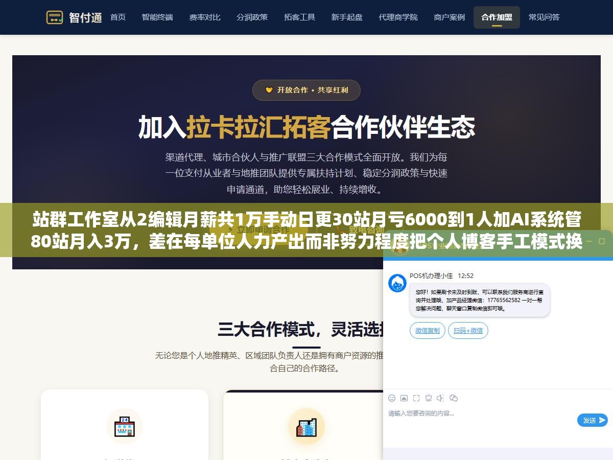 站群工作室从2编辑月薪共1万手动日更30站月亏6000到1人加AI系统管80站月入3万,差在每单位人力产出而非努力程度把个人博客手工模式换成工厂化 2 - 站群工作室从2编辑月薪共1万手动日更30站月亏6000到1人加AI系统管80站月入3万,差在每单位人力产出而非努力程度把个人博客手工模式换成工厂化 - UC建站系统