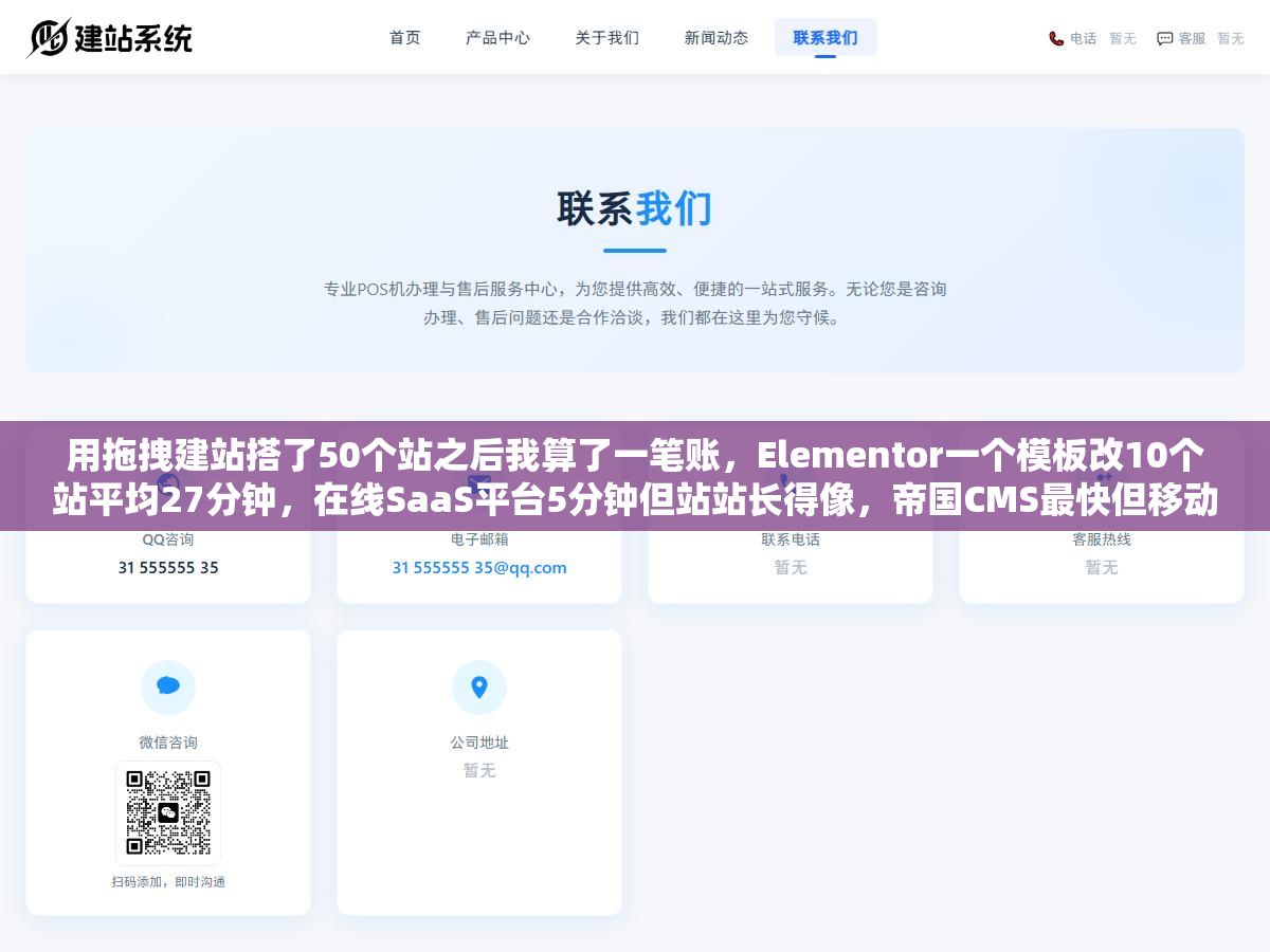 3 - 用拖拽建站搭了50个站之后我算了一笔账，Elementor一个模板改10个站平均27分钟，在线SaaS平台5分钟但站站长得像，帝国CMS最快但移动端适配要额外花40分钟一个，拖拽建站做站群省的那点时间全补在别的地方了 - UC建站系统