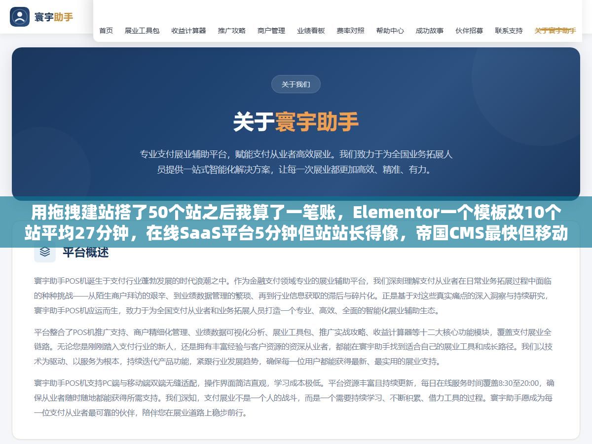 2 - 用拖拽建站搭了50个站之后我算了一笔账，Elementor一个模板改10个站平均27分钟，在线SaaS平台5分钟但站站长得像，帝国CMS最快但移动端适配要额外花40分钟一个，拖拽建站做站群省的那点时间全补在别的地方了 - UC建站系统