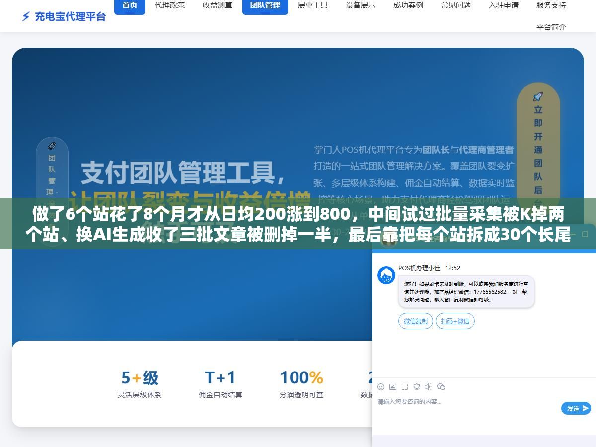 2 - 做了6个站花了8个月才从日均200涨到800，中间试过批量采集被K掉两个站、换AI生成收了三批文章被删掉一半，最后靠把每个站拆成30个长尾专题页才真正稳住流量 - UC建站系统