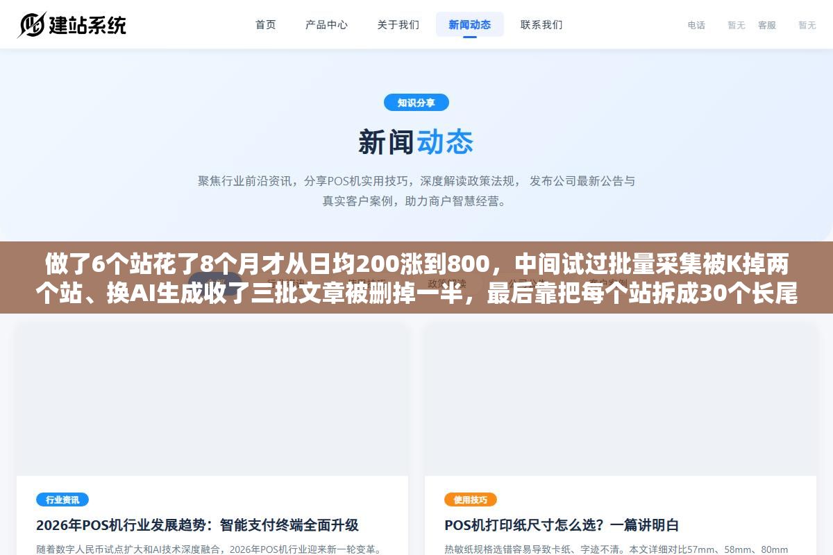 1 - 做了6个站花了8个月才从日均200涨到800，中间试过批量采集被K掉两个站、换AI生成收了三批文章被删掉一半，最后靠把每个站拆成30个长尾专题页才真正稳住流量 - UC建站系统
