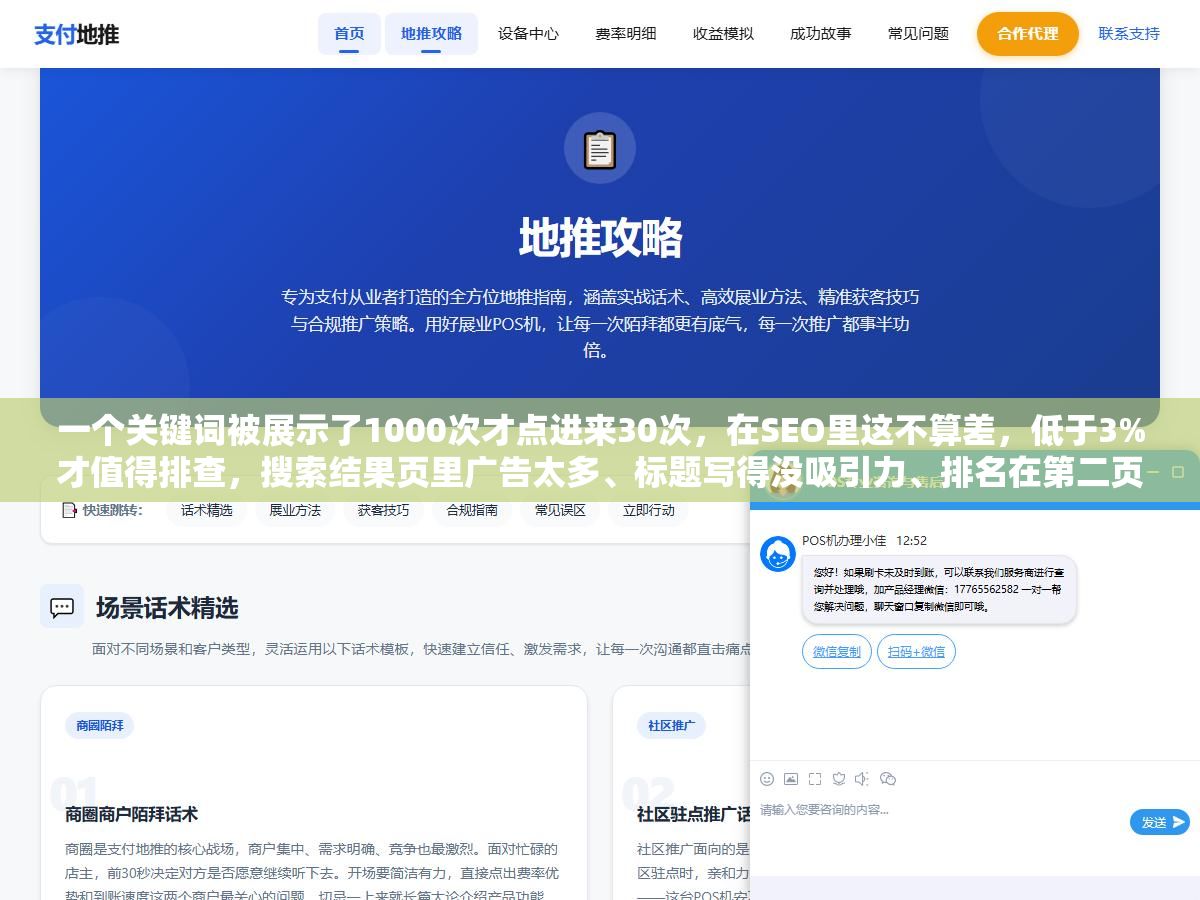 1 - 一个关键词被展示了1000次才点进来30次，在SEO里这不算差，低于3%才值得排查，搜索结果页里广告太多、标题写得没吸引力、排名在第二页都是吃点击率的元凶 - UC建站系统