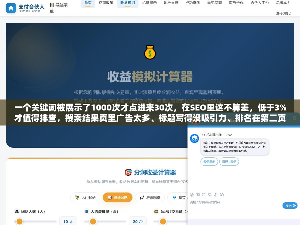 2 - 一个关键词被展示了1000次才点进来30次，在SEO里这不算差，低于3%才值得排查，搜索结果页里广告太多、标题写得没吸引力、排名在第二页都是吃点击率的元凶 - UC建站系统