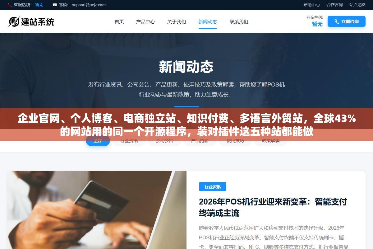 2 - 企业官网、个人博客、电商独立站、知识付费、多语言外贸站，全球43%的网站用的同一个开源程序，装对插件这五种站都能做 - UC建站系统