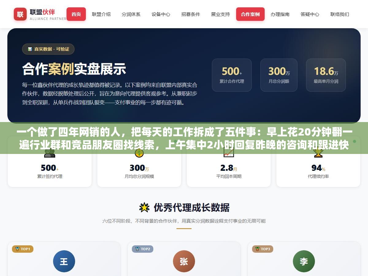 1 - 一个做了四年网销的人，把每天的工作拆成了五件事：早上花20分钟翻一遍行业群和竞品朋友圈找线索，上午集中2小时回复昨晚的咨询和跟进快到期的意向客户，下午用1小时在1688和百度爱采购上铺新品信息拓新流量，傍晚花30分钟整理当天的客户跟进记录和订单状态，晚上睡前再用15分钟看一下今天的转化数据和明天的待办清单 - UC建站系统