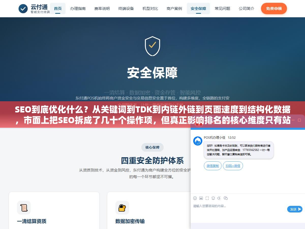 2 - SEO到底优化什么？从关键词到TDK到内链外链到页面速度到结构化数据，市面上把SEO拆成了几十个操作项，但真正影响排名的核心维度只有站内、站外、技术、内容这四大块，90%的网站把前两块做好排名就能起来 - UC建站系统