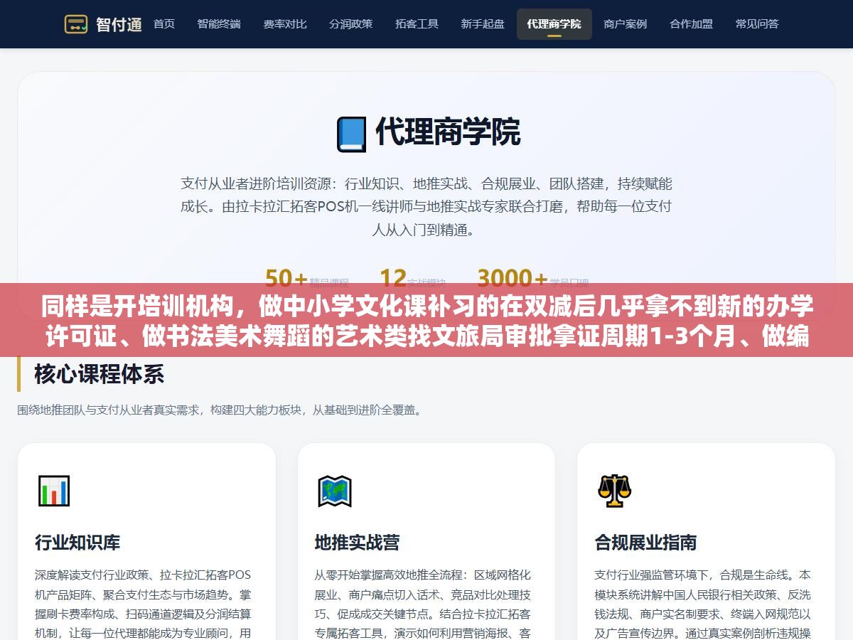 1 - 同样是开培训机构，做中小学文化课补习的在双减后几乎拿不到新的办学许可证、做书法美术舞蹈的艺术类找文旅局审批拿证周期1-3个月、做编程机器人的科技类找科技局审批流程更短，三类培训的证照门槛从办学许可证到营业执照到消防验收到教师资格到资金监管账户差了不止一档，拿错审批部门的后果是白等三个月从头再来 - UC建站系统