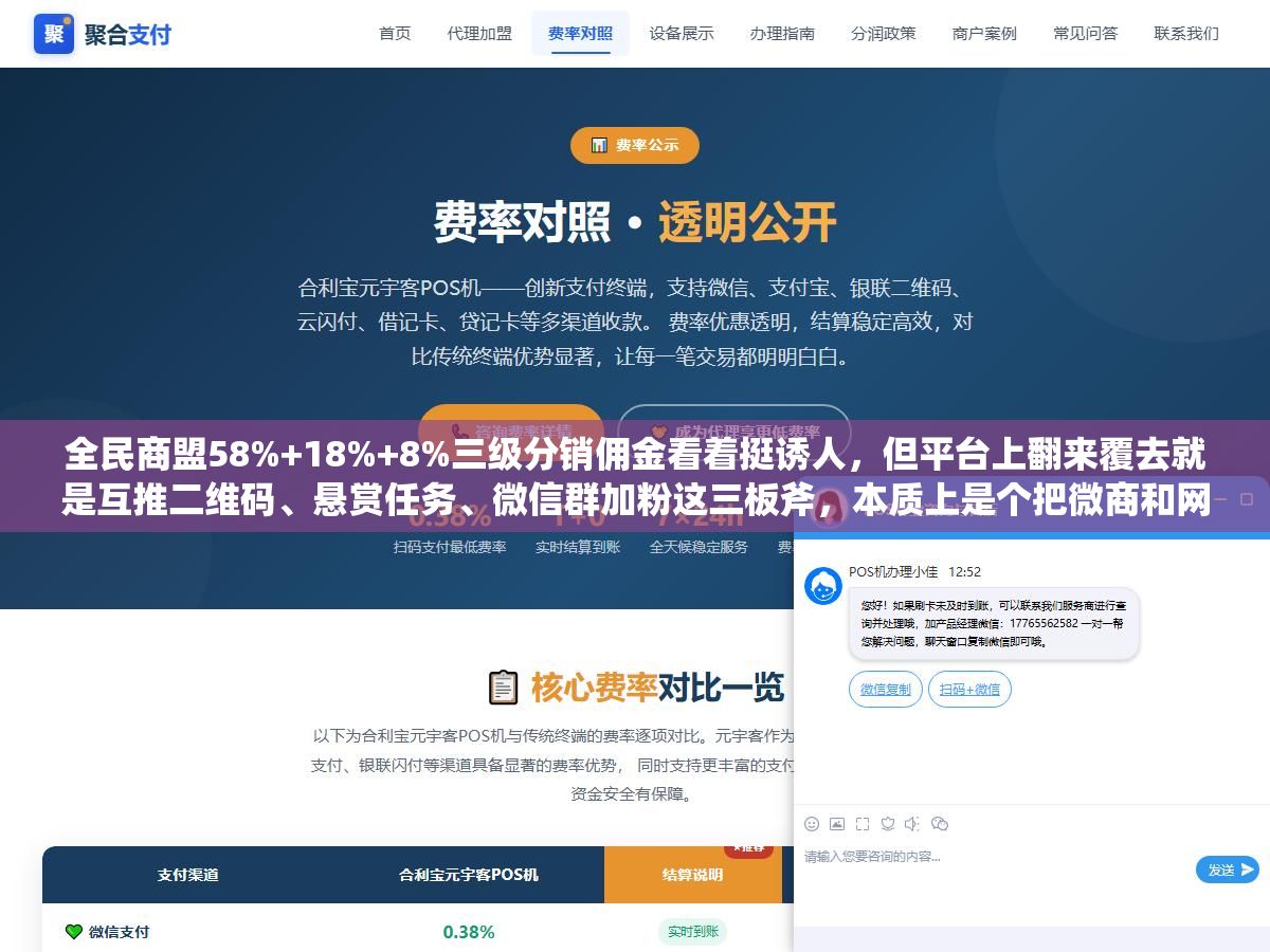 1 - 全民商盟58%+18%+8%三级分销佣金看着挺诱人，但平台上翻来覆去就是互推二维码、悬赏任务、微信群加粉这三板斧，本质上是个把微商和网赚人群圈在一起互相割的流量内循环 - UC建站系统