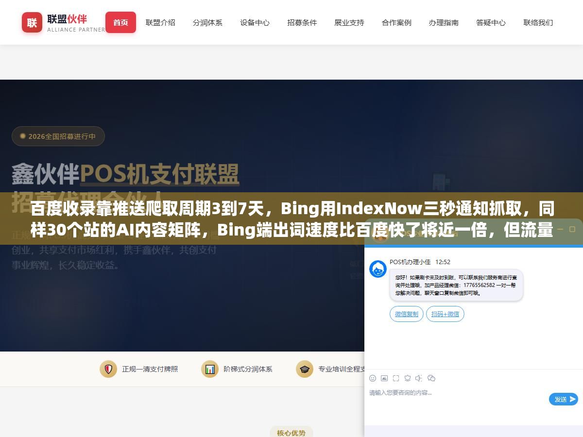 3 - 百度收录靠推送爬取周期3到7天，Bing用IndexNow三秒通知抓取，同样30个站的AI内容矩阵，Bing端出词速度比百度快了将近一倍，但流量只有百度的四分之一 - UC建站系统