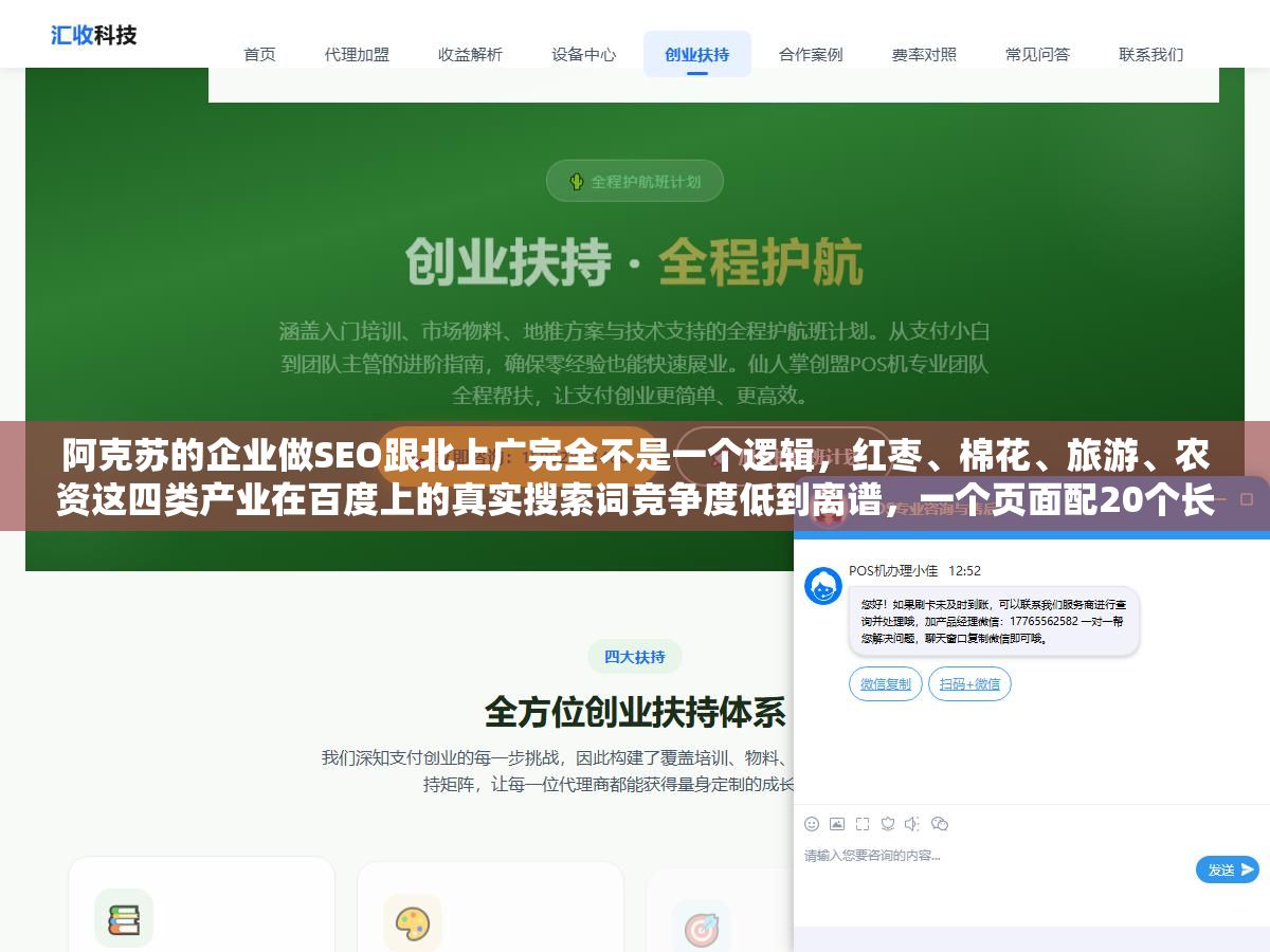 1 - 阿克苏的企业做SEO跟北上广完全不是一个逻辑，红枣、棉花、旅游、农资这四类产业在百度上的真实搜索词竞争度低到离谱，一个页面配20个长尾词半年不出单不是因为SEO不行而是你压根没做对第一步：让网站先收录再说排名 - UC建站系统