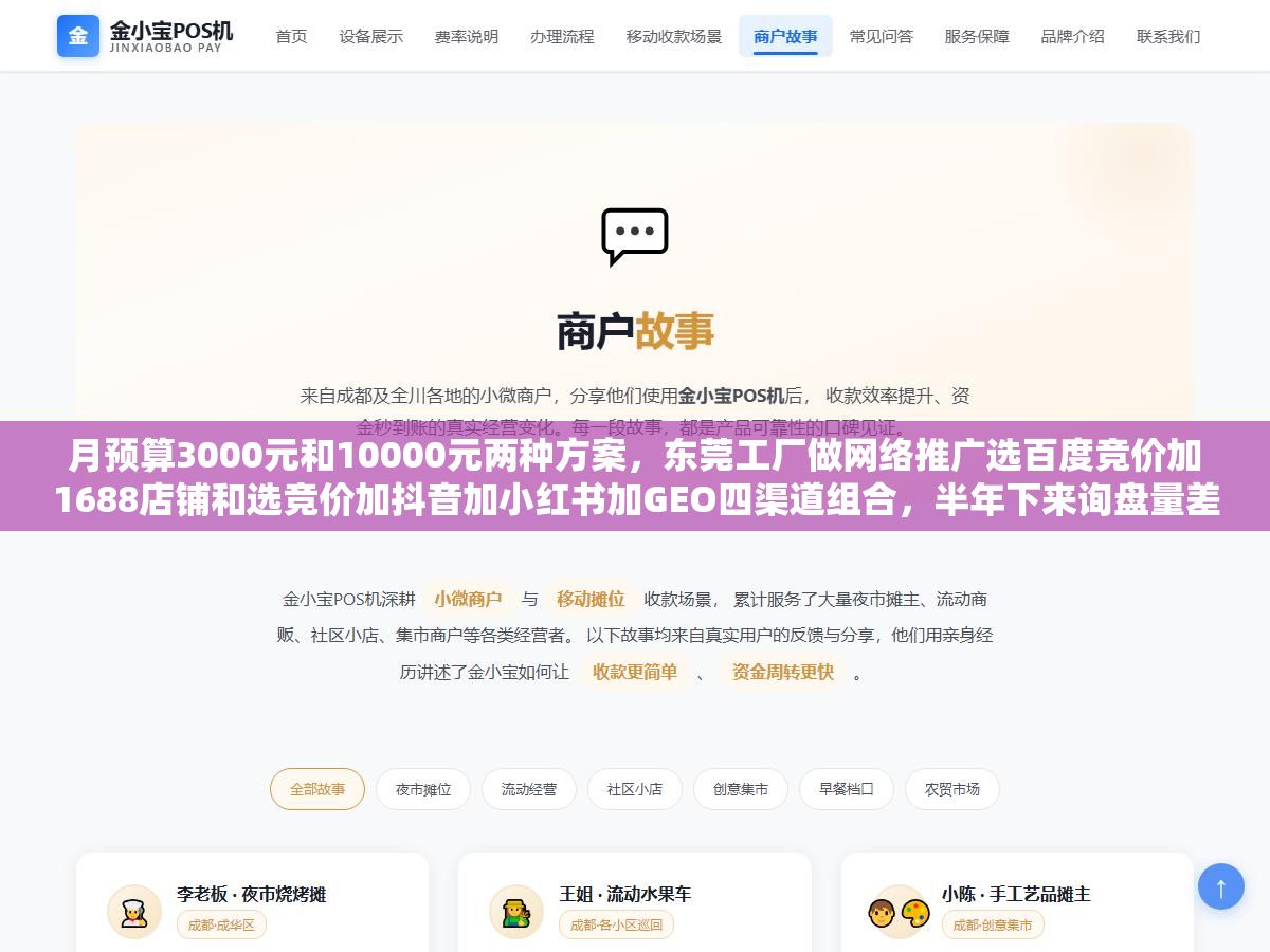 2 - 月预算3000元和10000元两种方案，东莞工厂做网络推广选百度竞价加1688店铺和选竞价加抖音加小红书加GEO四渠道组合，半年下来询盘量差了4倍但ROI差距不到20%，五金模具和电子配件厂选第一个方案就够了，服装家具厂多砸抖音小红书更划算 - UC建站系统