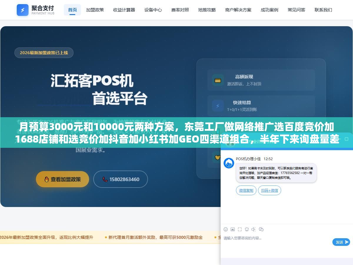 3 - 月预算3000元和10000元两种方案，东莞工厂做网络推广选百度竞价加1688店铺和选竞价加抖音加小红书加GEO四渠道组合，半年下来询盘量差了4倍但ROI差距不到20%，五金模具和电子配件厂选第一个方案就够了，服装家具厂多砸抖音小红书更划算 - UC建站系统