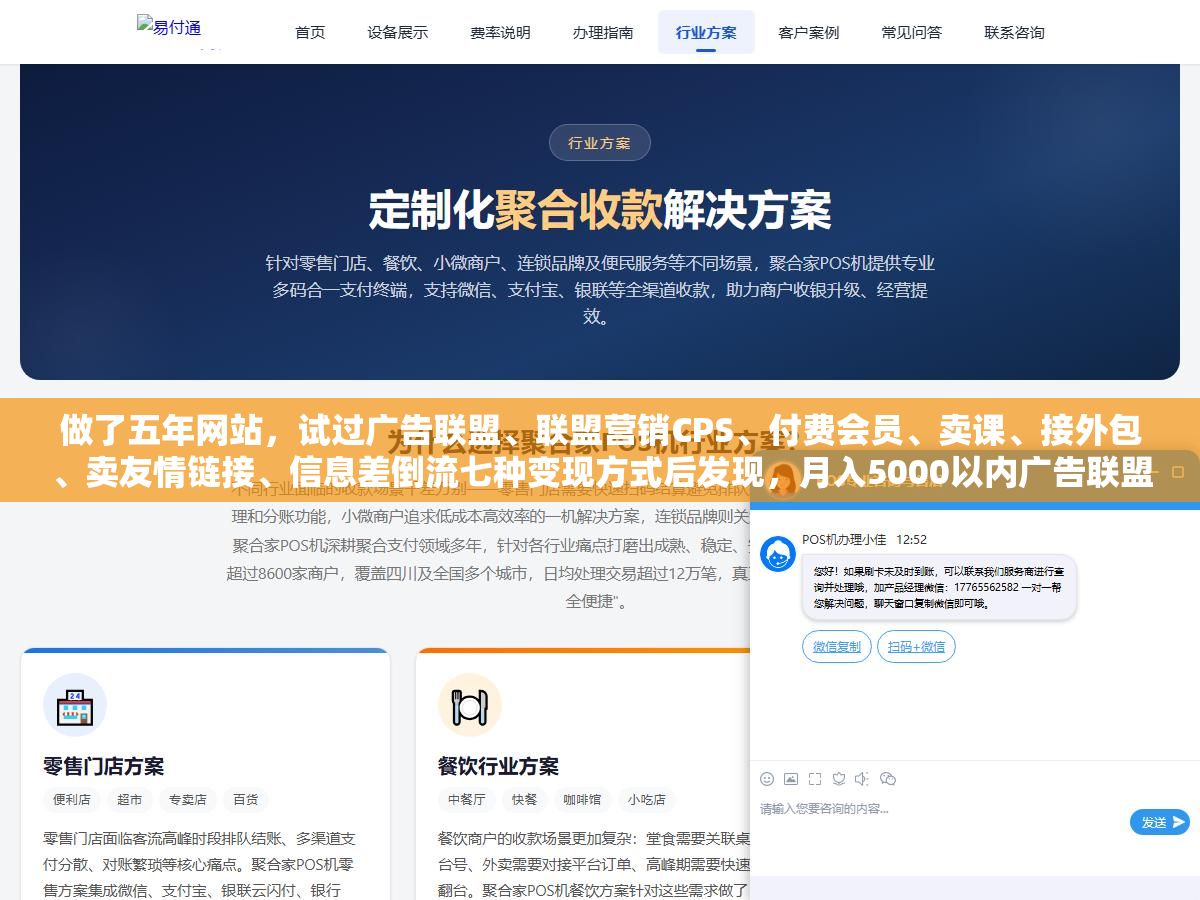 1 - 做了五年网站，试过广告联盟、联盟营销CPS、付费会员、卖课、接外包、卖友情链接、信息差倒流七种变现方式后发现，月入5000以内广告联盟最快但天花板最低、月入1到3万联盟营销CPS投入产出比最高、月入5万以上只有付费会员和卖课这两条路能跑通，选哪种类型不看你有多大本事而看你手里有多少启动流量 - UC建站系统