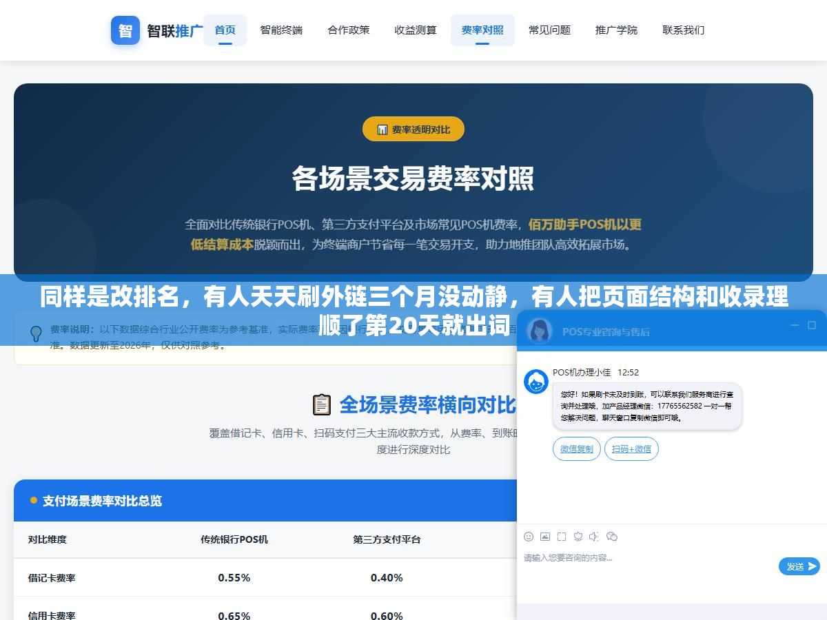 同样是改排名，有人天天刷外链三个月没动静，有人把页面结构和收录理顺了第20天就出词