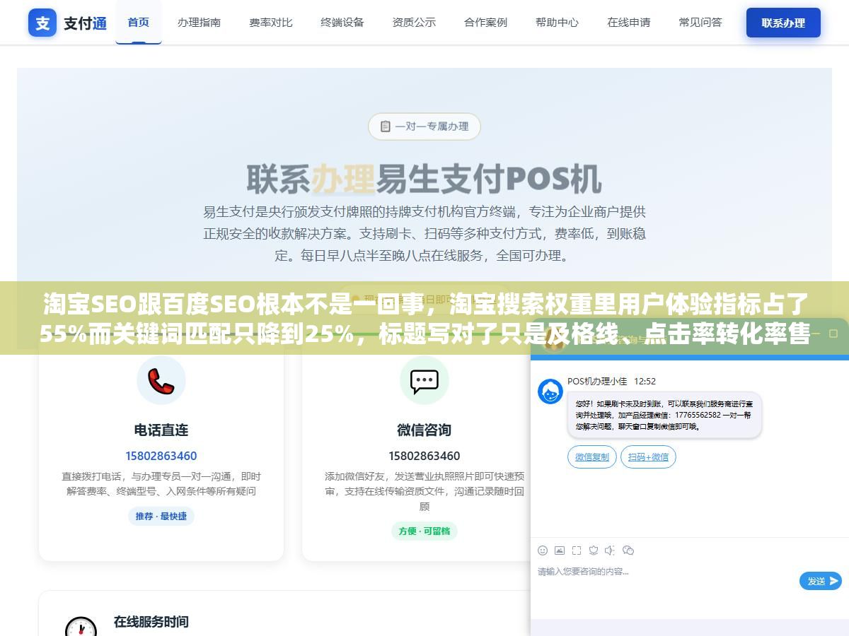 淘宝SEO跟百度SEO根本不是一回事，淘宝搜索权重里用户体验指标占了55%而关键词匹配只降到25%，标题写对了只是及格线、点击率转化率售后体验分这三项数据跑赢同行均值排名才会持续往上走，2026年还盯着堆词改标题的人流量已经被算法甩出去两条街了