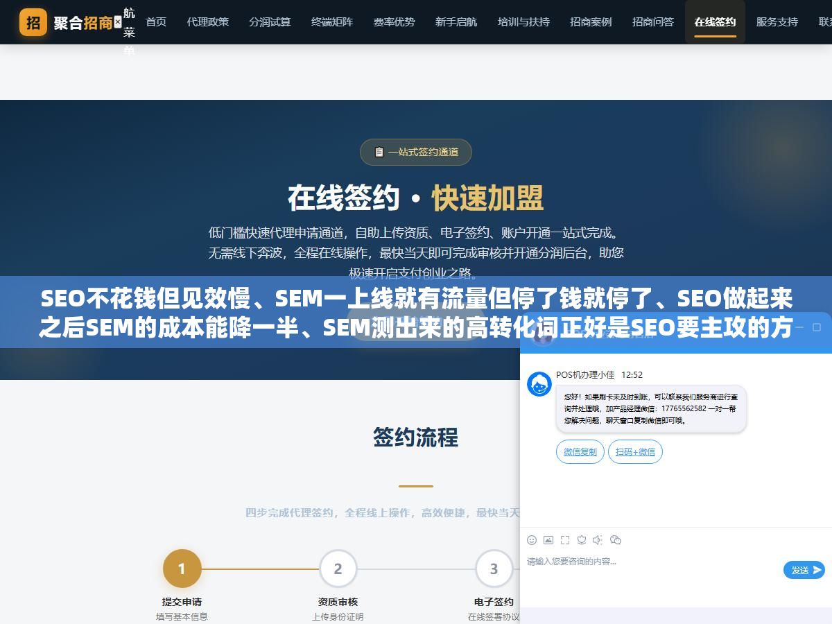 1 - SEO不花钱但见效慢、SEM一上线就有流量但停了钱就停了、SEO做起来之后SEM的成本能降一半、SEM测出来的高转化词正好是SEO要主攻的方向，把自然排名和付费推广的四种关系掰开揉碎说清楚 - UC建站系统