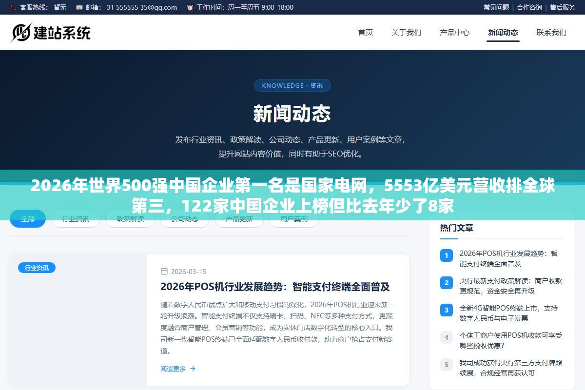 2026年世界500强中国企业第一名是国家电网，5553亿美元营收排全球第三，122家中国企业上榜但比去年少了8家