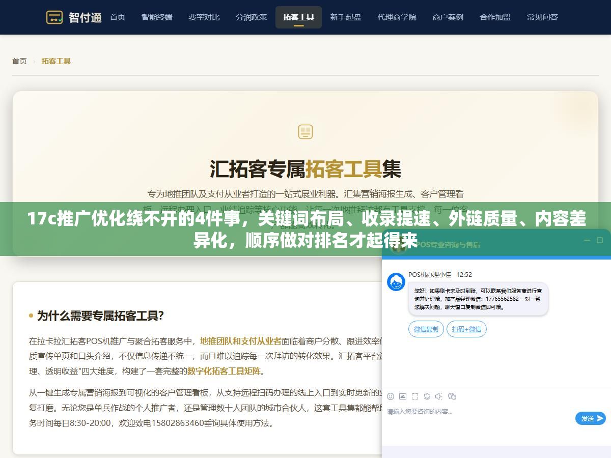 17c推广优化绕不开的4件事，关键词布局、收录提速、外链质量、内容差异化，顺序做对排名才起得来