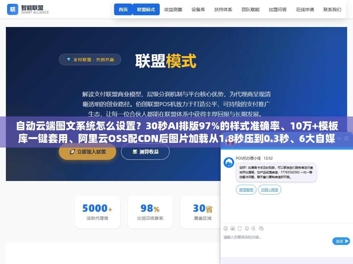 自动云端图文系统怎么设置？30秒AI排版97%的样式准确率、10万+模板库一键套用、阿里云OSS配CDN后图片加载从1.8秒压到0.3秒、6大自媒体平台绑定后一天发20篇不用人工逐条粘贴，从图床到排版到分发一套配置跑通的关键在这5个环节的顺序不能乱