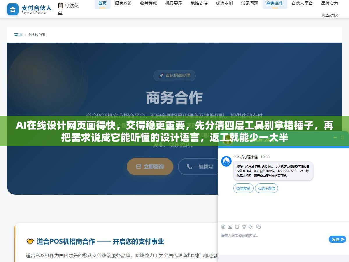 AI在线设计网页画得快，交得稳更重要，先分清四层工具别拿错锤子，再把需求说成它能听懂的设计语言，返工就能少一大半