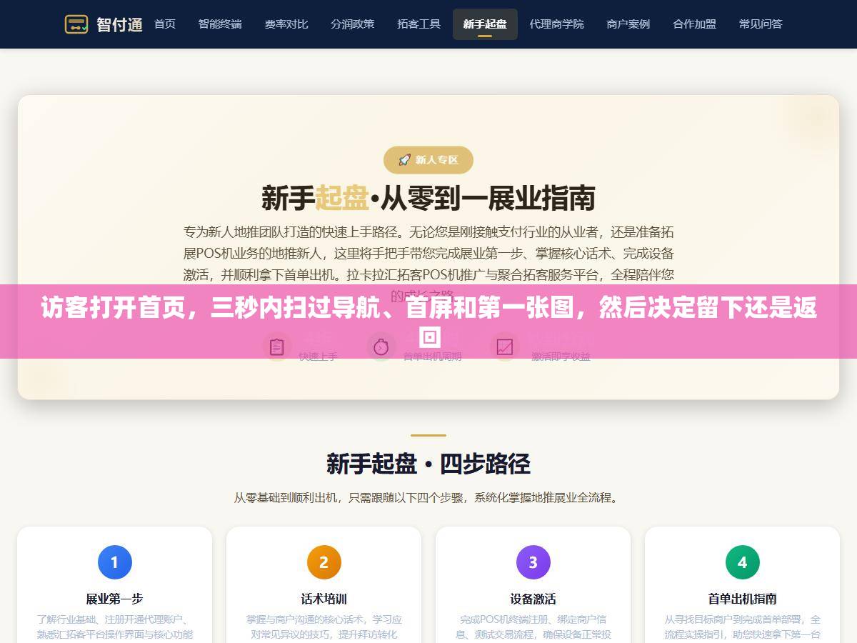 访客打开首页，三秒内扫过导航、首屏和第一张图，然后决定留下还是返回