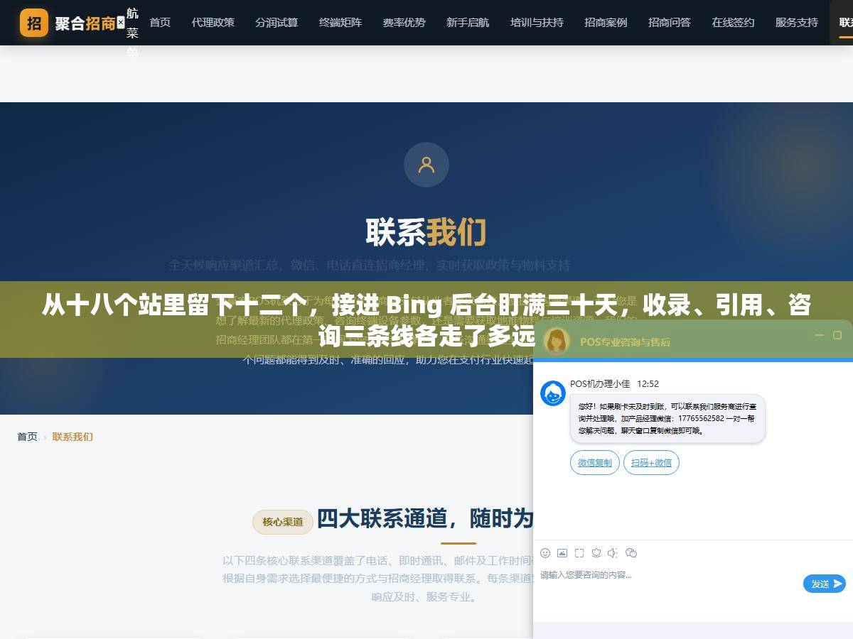 从十八个站里留下十二个，接进 Bing 后台盯满三十天，收录、引用、咨询三条线各走了多远