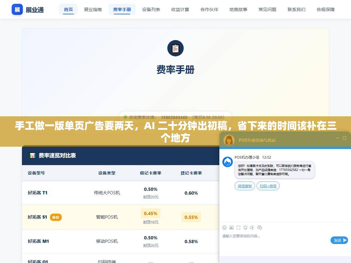 手工做一版单页广告要两天，AI 二十分钟出初稿，省下来的时间该补在三个地方