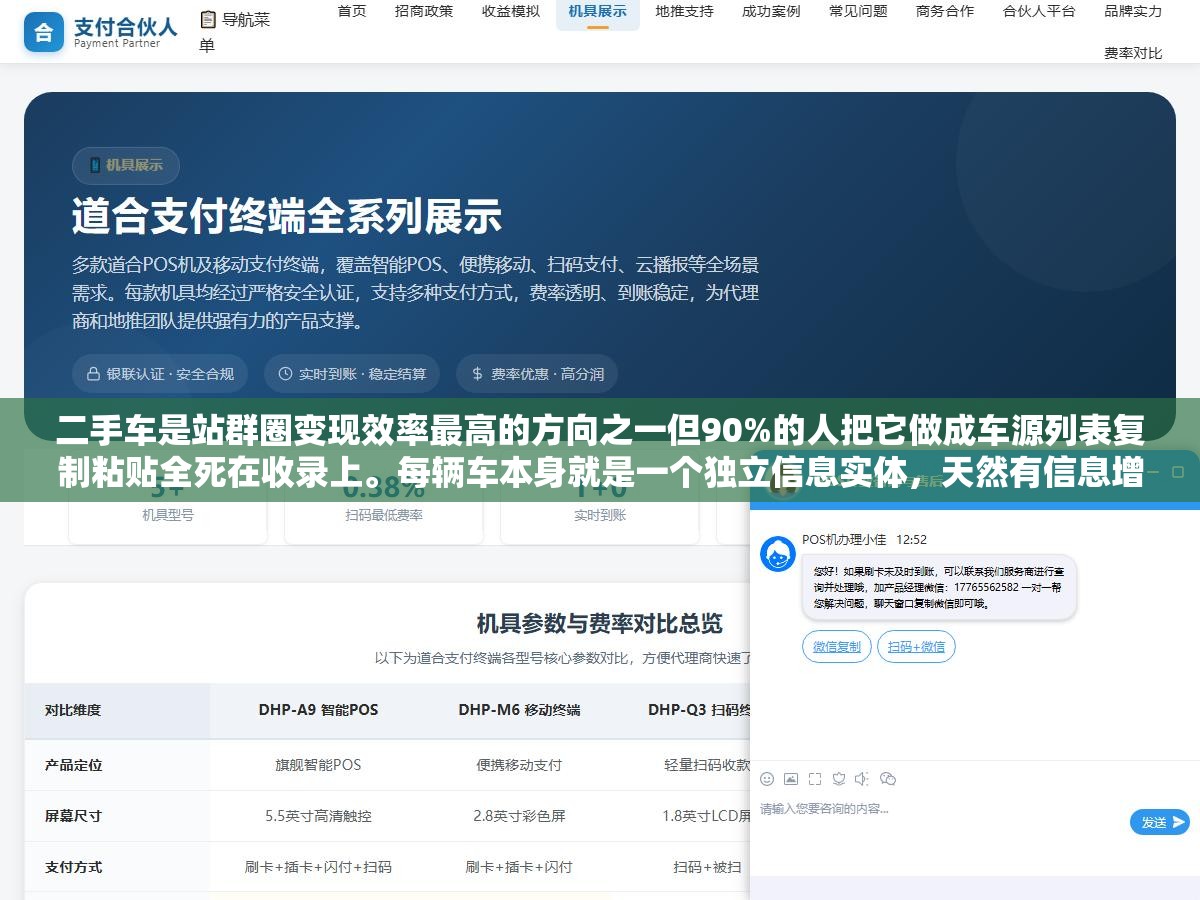 2 - 二手车是站群圈变现效率最高的方向之一但90%的人把它做成车源列表复制粘贴全死在收录上。每辆车本身就是一个独立信息实体，天然有信息增量不需要编。客单几万到几十万，做好了利润是泛内容站的5到10倍 - UC建站系统