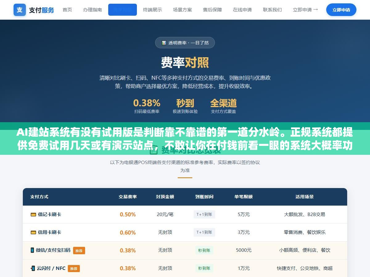 1 - AI建站系统有没有试用版是判断靠不靠谱的第一道分水岭。正规系统都提供免费试用几天或有演示站点，不敢让你在付钱前看一眼的系统大概率功能不对口操作反人类上线即后悔。买前不试用等于闭着眼签合同 - UC建站系统