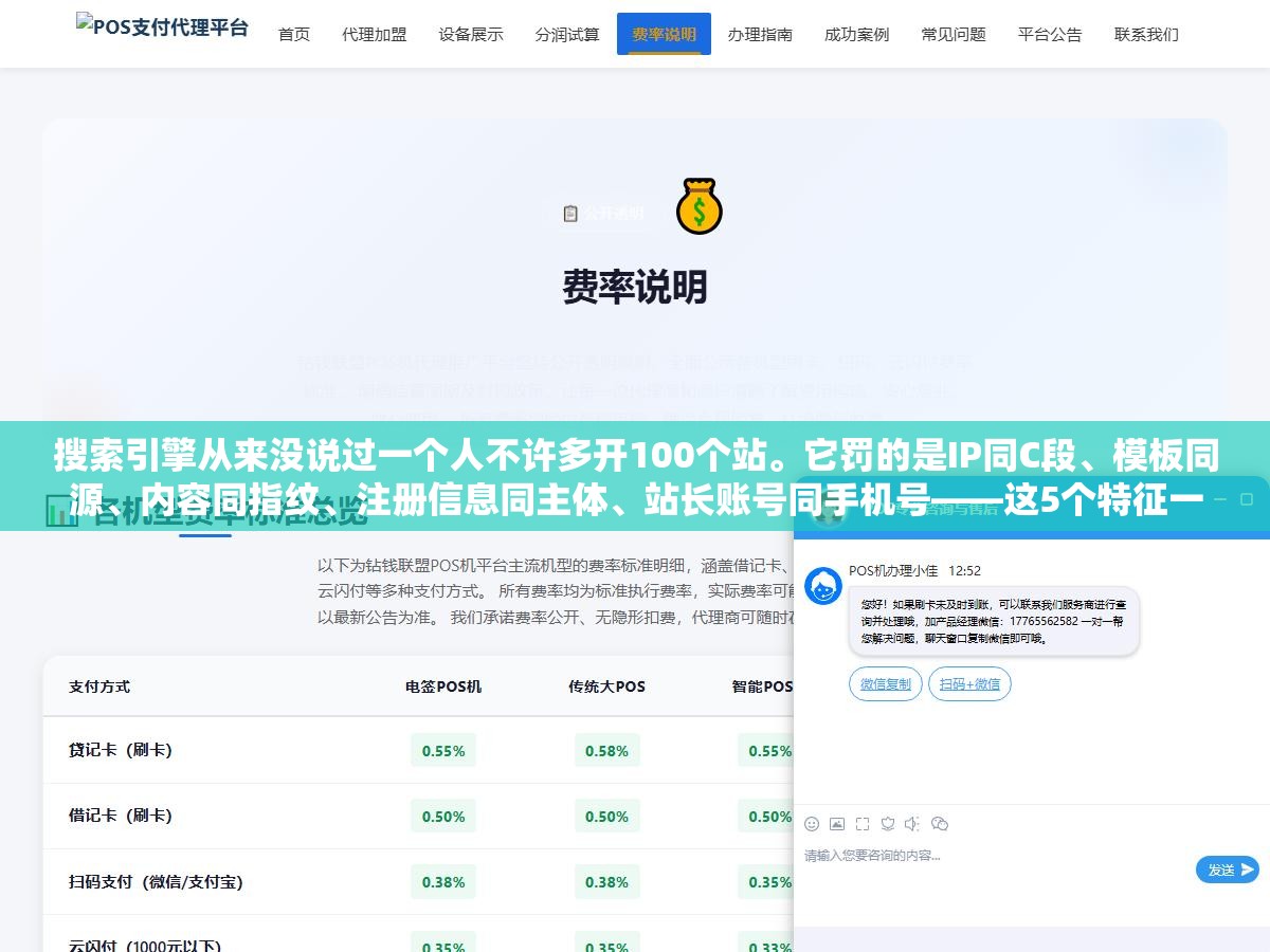 1 - 搜索引擎从来没说过一个人不许多开100个站。它罚的是IP同C段、模板同源、内容同指纹、注册信息同主体、站长账号同手机号——这5个特征一起撞上才触发判定。5个维度全拆开的站群不但不罚，权重还能互不拖累 - UC建站系统