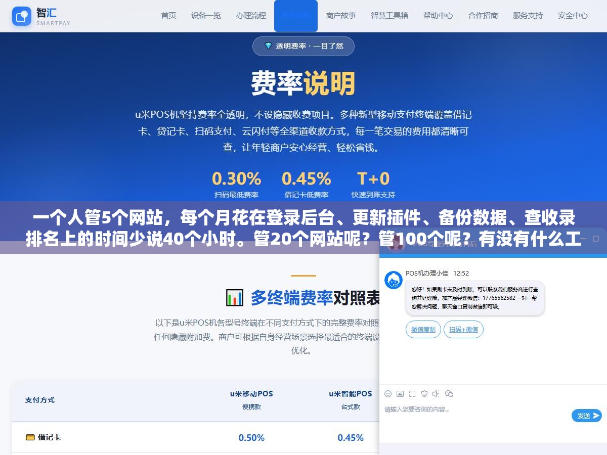 一个人管5个网站,每个月花在登录后台、更新插件、备份数据、查收录排名上的时间少说40个小时。管20个网站呢?管100个呢?有没有什么工具能把这些重复操作一次性搞定,而不是每个网站挨个点一遍 1 - 一个人管5个网站,每个月花在登录后台、更新插件、备份数据、查收录排名上的时间少说40个小时。管20个网站呢?管100个呢?有没有什么工具能把这些重复操作一次性搞定,而不是每个网站挨个点一遍 - UC建站系统
