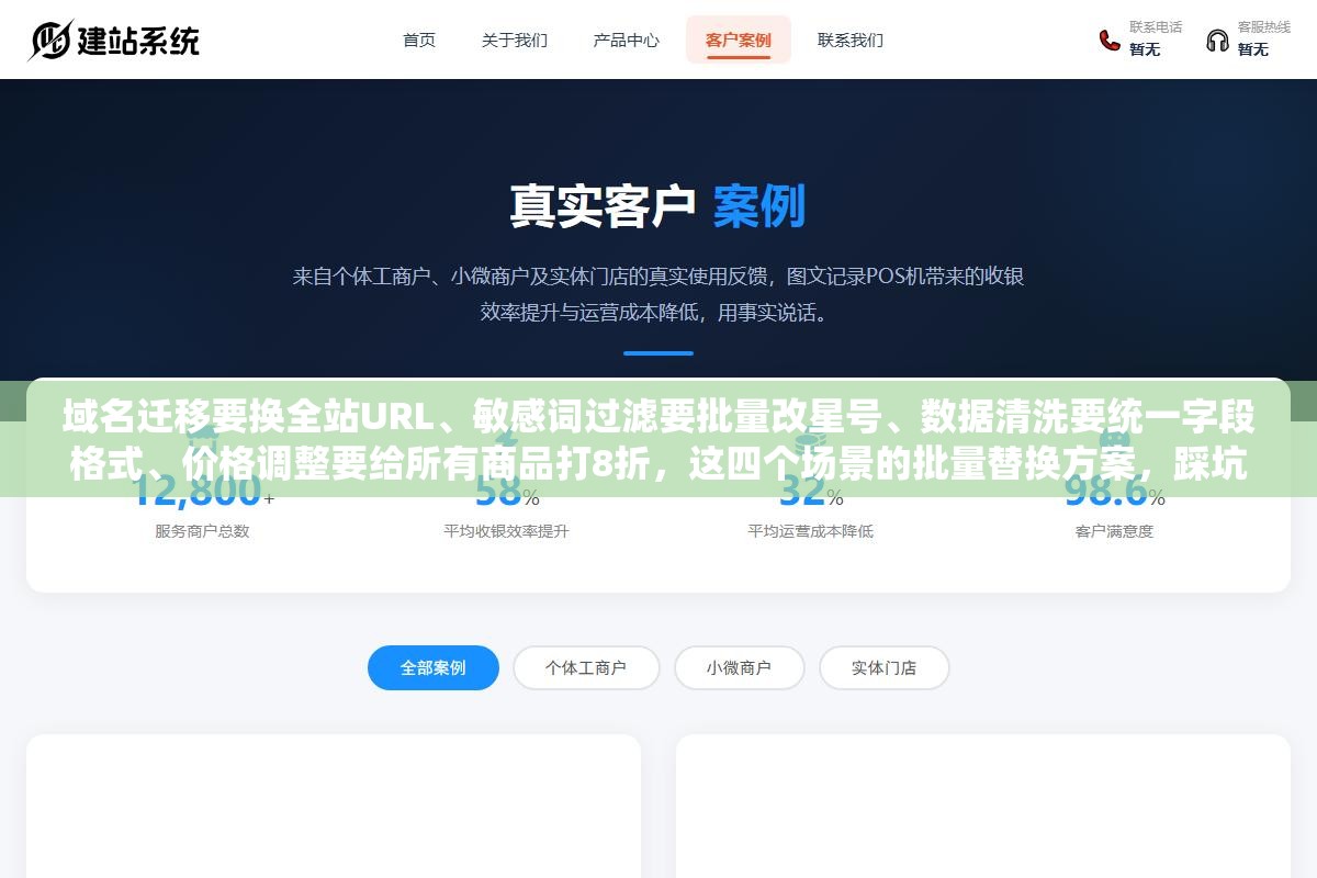 域名迁移要换全站URL、敏感词过滤要批量改星号、数据清洗要统一字段格式、价格调整要给所有商品打8折,这四个场景的批量替换方案,踩坑多的反而救得快 1 - 域名迁移要换全站URL、敏感词过滤要批量改星号、数据清洗要统一字段格式、价格调整要给所有商品打8折,这四个场景的批量替换方案,踩坑多的反而救得快 - UC建站系统
