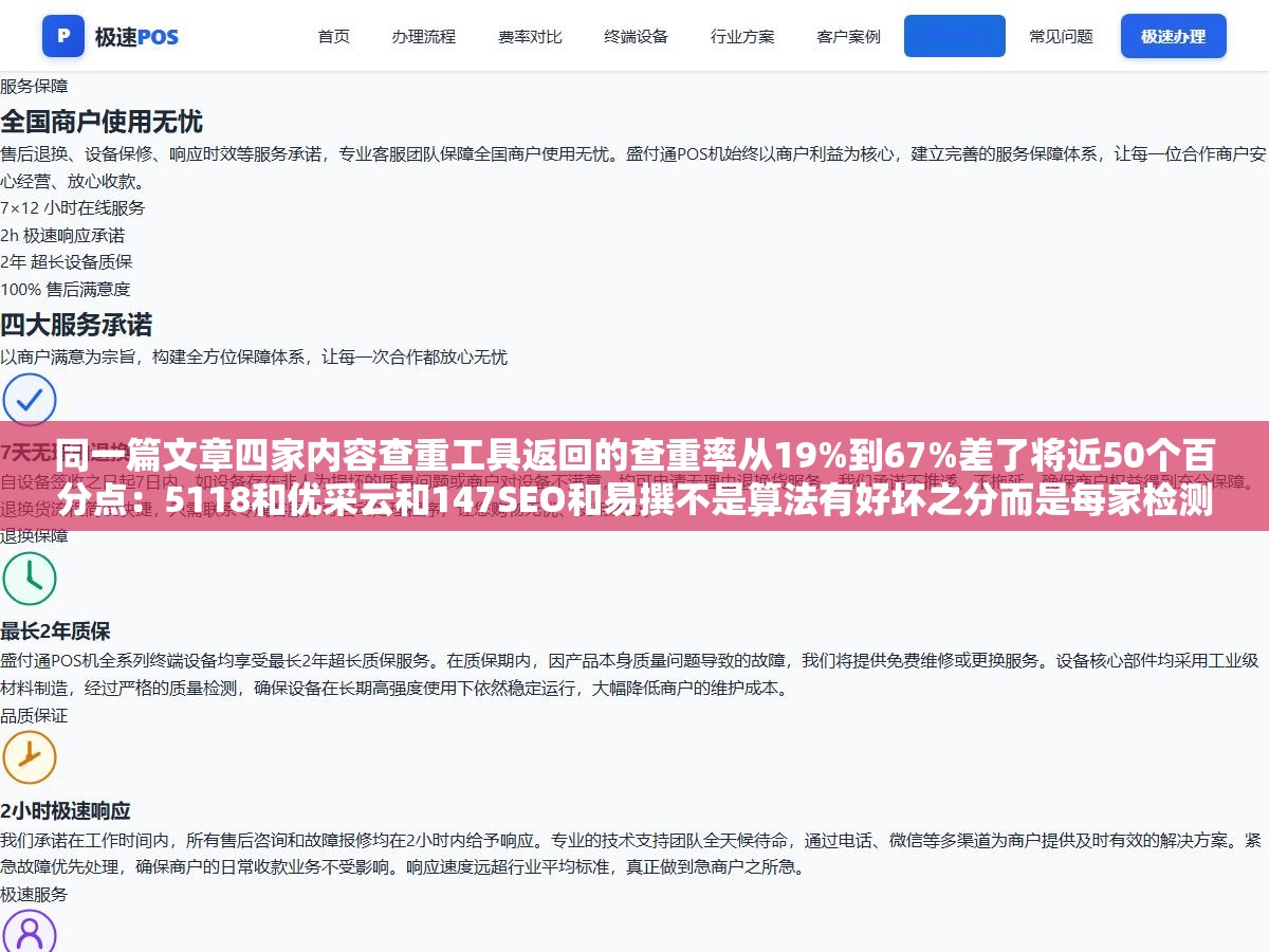 同一篇文章四家内容查重工具返回的查重率从19%到67%差了将近50个百分点：5118和优采云和147SEO和易撰不是算法有好坏之分而是每家检测的数据库和分词逻辑压根不一样，网站SEO场景的内容查重不能拿论文查重工具对付