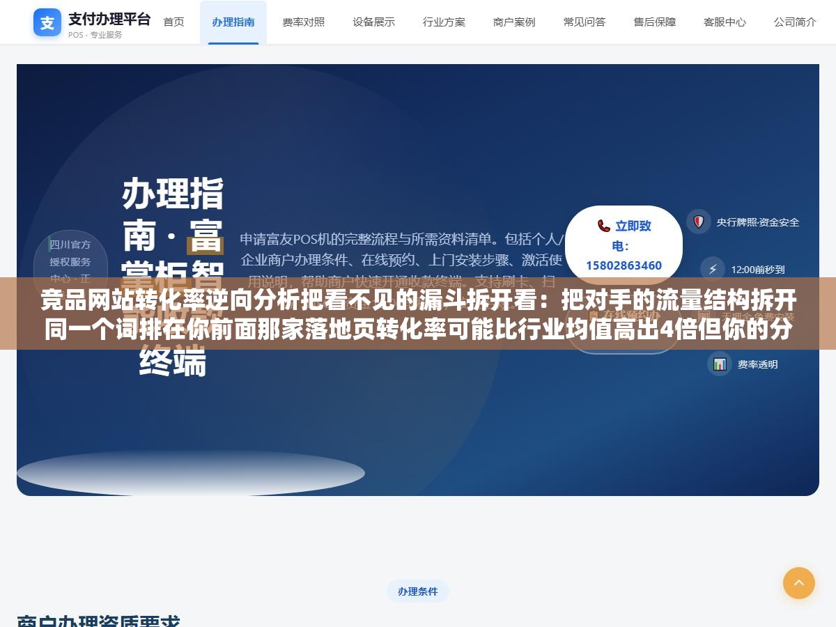 竞品网站转化率逆向分析把看不见的漏斗拆开看：把对手的流量结构拆开同一个词排在你前面那家落地页转化率可能比行业均值高出4倍但你的分析工具只能看到流量数据完全看不到咨询注册下单这些转化漏斗一步都没有