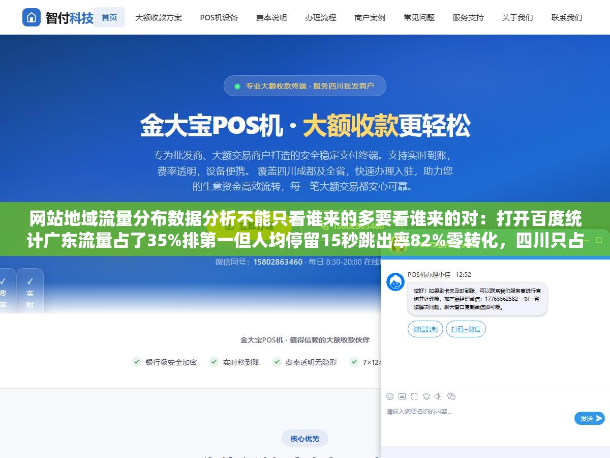 网站地域流量分布数据分析不能只看谁来的多要看谁来的对：打开百度统计广东流量占了35%排第一但人均停留15秒跳出率82%零转化，四川只占8%人均停留三分钟转化率排第一贡献了40%的全部线索，你真正该关注的到底是谁一目了然