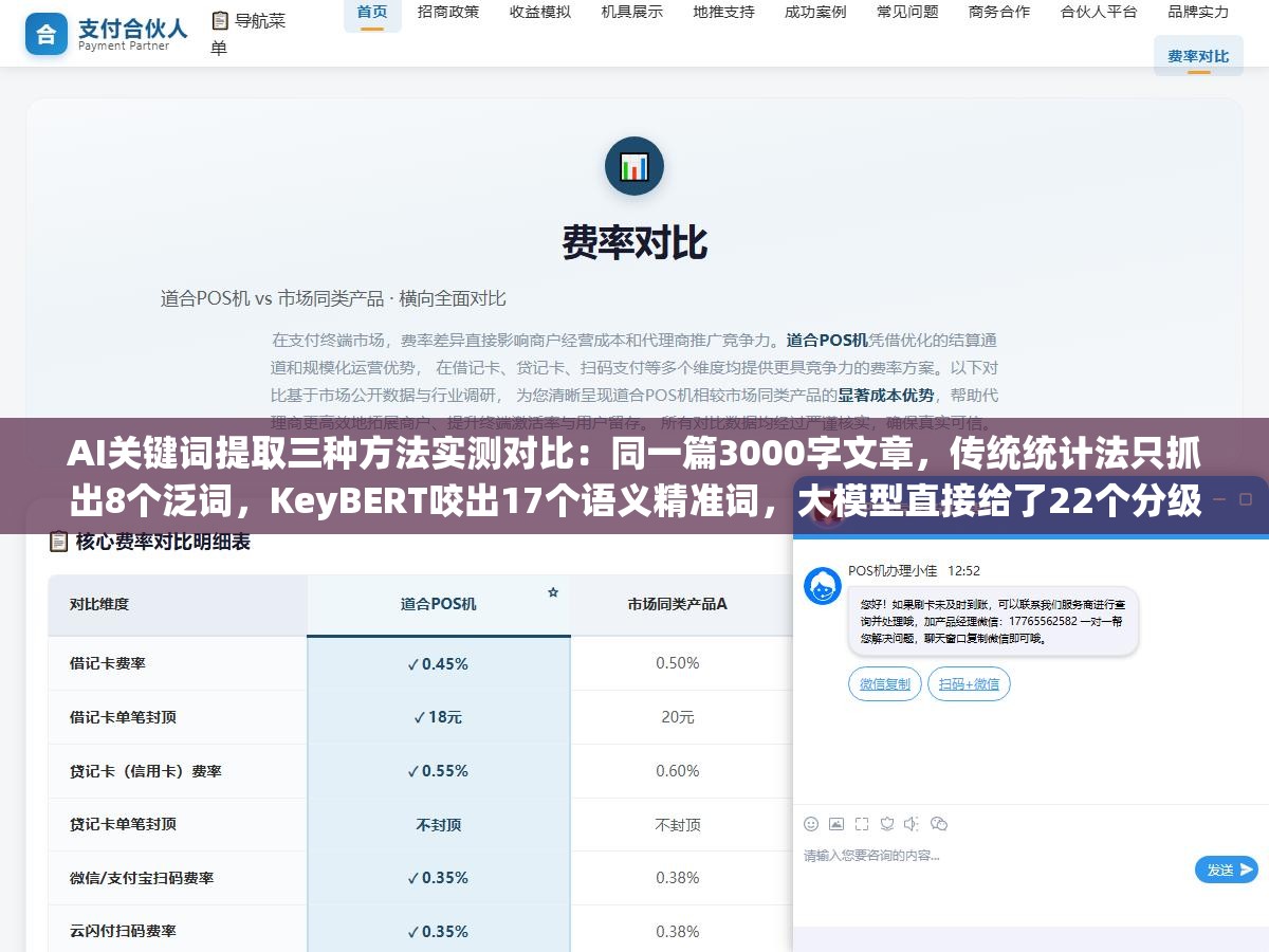 AI关键词提取三种方法实测对比：同一篇3000字文章，传统统计法只抓出8个泛词，KeyBERT咬出17个语义精准词，大模型直接给了22个分级关键词差距不止一倍