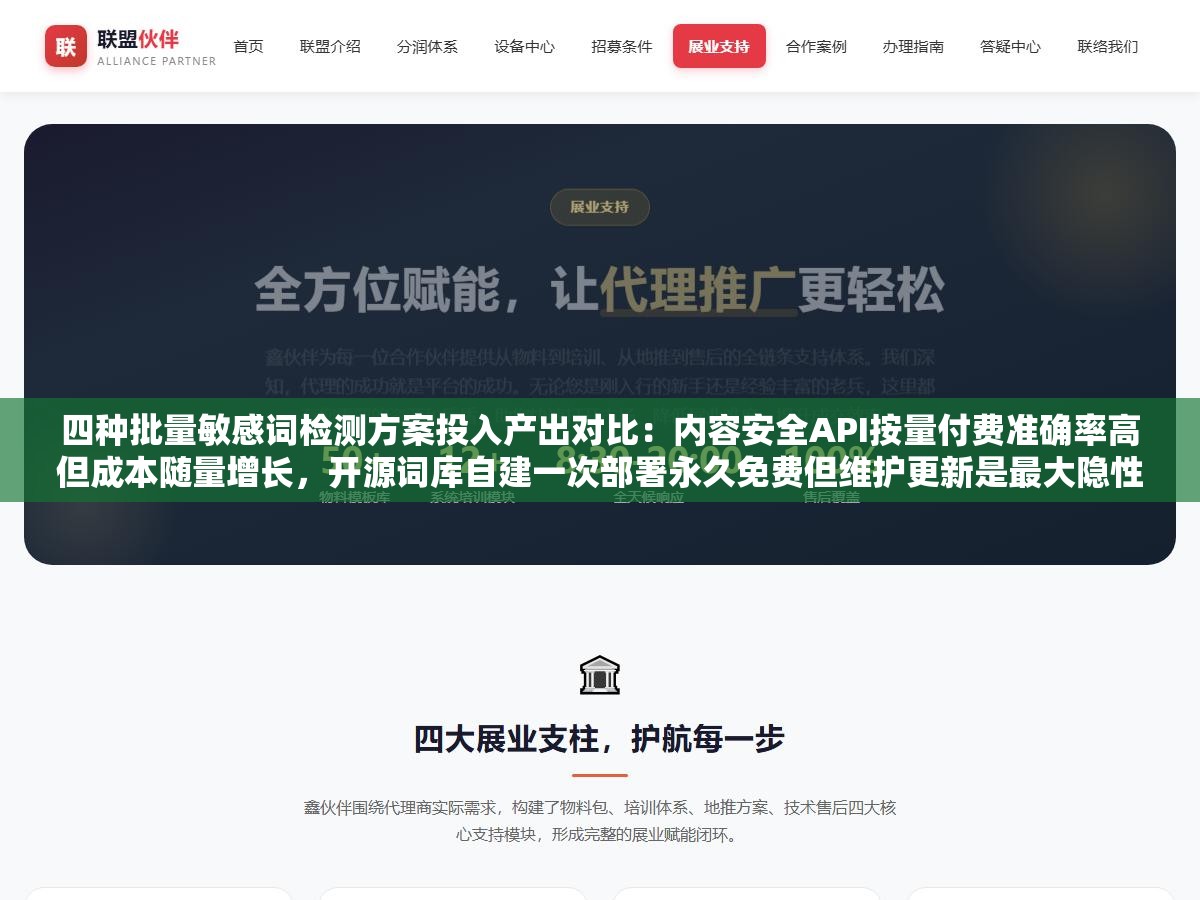 四种批量敏感词检测方案投入产出对比：内容安全API按量付费准确率高但成本随量增长，开源词库自建一次部署永久免费但维护更新是最大隐性成本