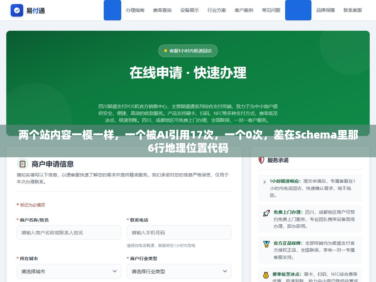 两个站内容一模一样，一个被AI引用17次，一个0次，差在Schema里那6行地理位置代码