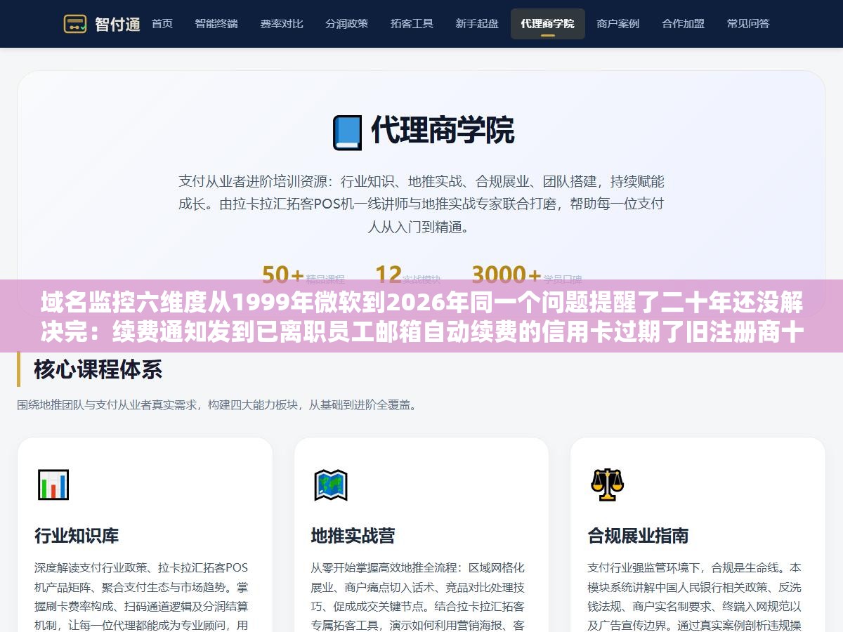 域名监控六维度从1999年微软到2026年同一个问题提醒了二十年还没解决完:续费通知发到已离职员工邮箱自动续费的信用卡过期了旧注册商十年前换了平台根本没交接,域名到期SSL证书DNS变更WHOIS变更CDN节点挂掉这些事任何一项出了问题网站就访问不到 1 - 域名监控六维度从1999年微软到2026年同一个问题提醒了二十年还没解决完:续费通知发到已离职员工邮箱自动续费的信用卡过期了旧注册商十年前换了平台根本没交接,域名到期SSL证书DNS变更WHOIS变更CDN节点挂掉这些事任何一项出了问题网站就访问不到 - UC建站系统