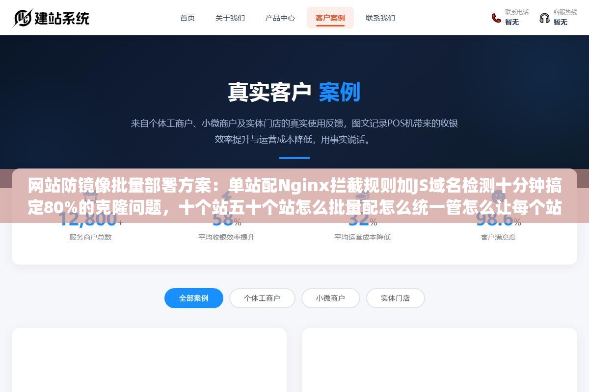 网站防镜像批量部署方案：单站配Nginx拦截规则加JS域名检测十分钟搞定80%的克隆问题，十个站五十个站怎么批量配怎么统一管怎么让每个站的规则不出错不串才是真正的难点