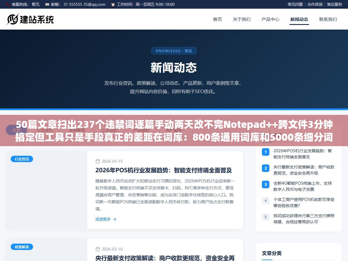 3 - 50篇文章扫出237个违禁词逐篇手动两天改不完Notepad++跨文件3分钟搞定但工具只是手段真正的差距在词库：800条通用词库和5000条细分词库漏掉的违规词差了不止6倍被罚3万才后悔 - UC建站系统