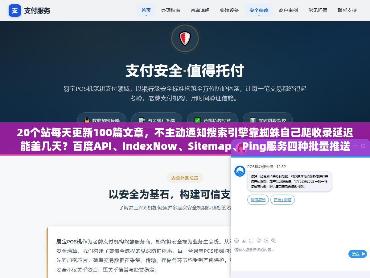 20个站每天更新100篇文章，不主动通知搜索引擎靠蜘蛛自己爬收录延迟能差几天？百度API、IndexNow、Sitemap、Ping服务四种批量推送方式跑通了10个站的实测结果