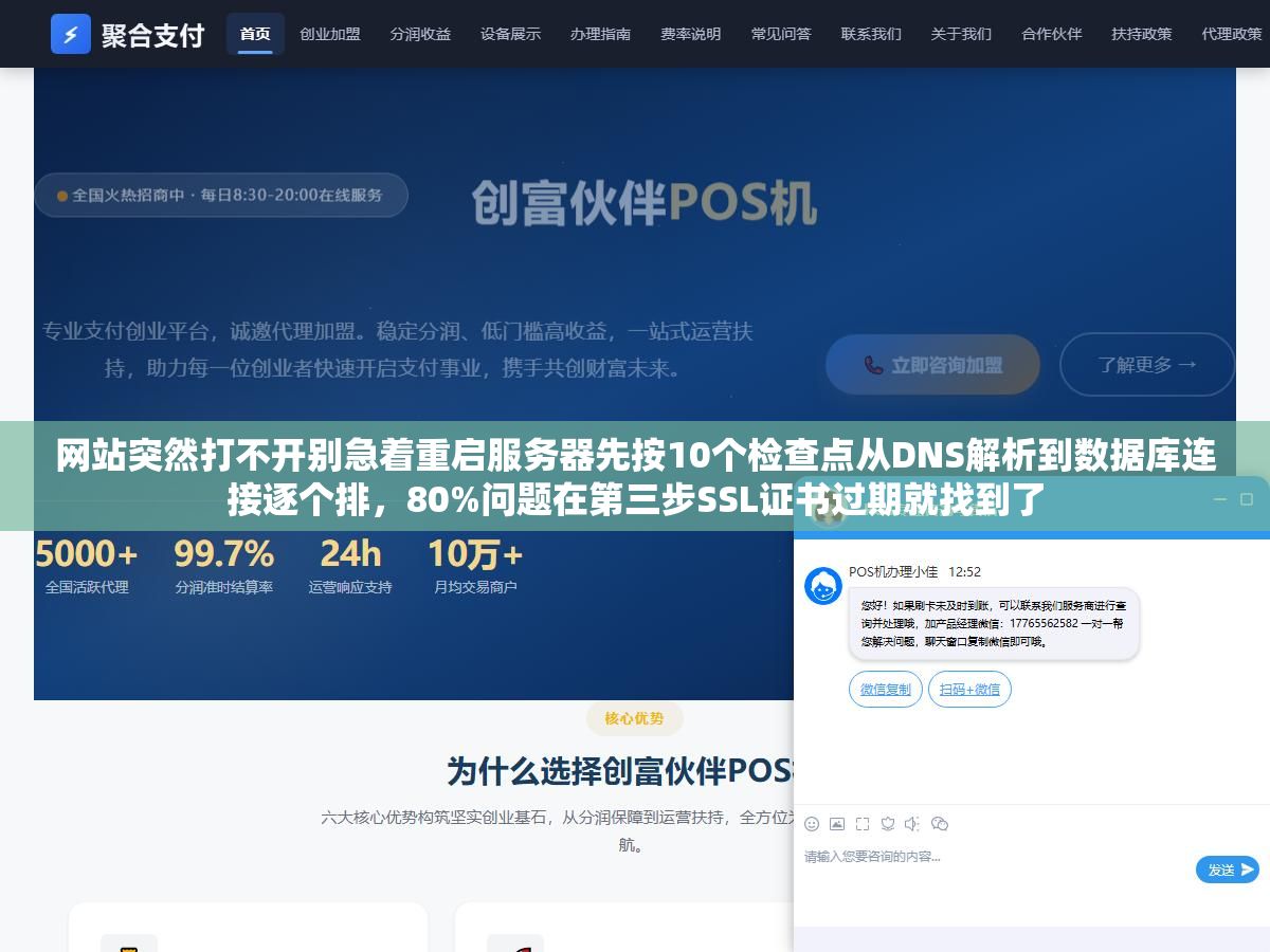 网站突然打不开别急着重启服务器先按10个检查点从DNS解析到数据库连接逐个排，80%问题在第三步SSL证书过期就找到了