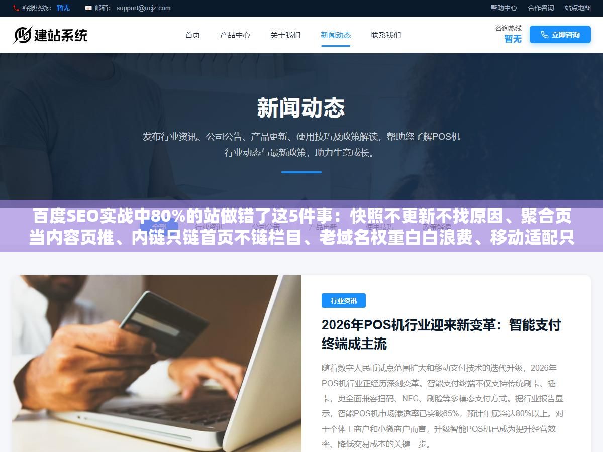 百度SEO实战中80%的站做错了这5件事:快照不更新不找原因、聚合页当内容页推、内链只链首页不链栏目、老域名权重白白浪费、移动适配只做了表面功夫 1 - 百度SEO实战中80%的站做错了这5件事:快照不更新不找原因、聚合页当内容页推、内链只链首页不链栏目、老域名权重白白浪费、移动适配只做了表面功夫 - UC建站系统