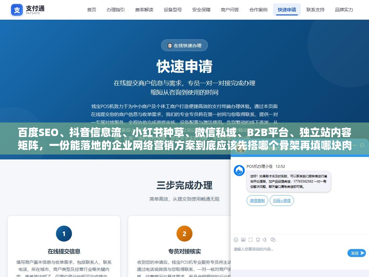 百度SEO、抖音信息流、小红书种草、微信私域、B2B平台、独立站内容矩阵,一份能落地的企业网络营销方案到底应该先搭哪个骨架再填哪块肉 1 - 百度SEO、抖音信息流、小红书种草、微信私域、B2B平台、独立站内容矩阵,一份能落地的企业网络营销方案到底应该先搭哪个骨架再填哪块肉 - UC建站系统