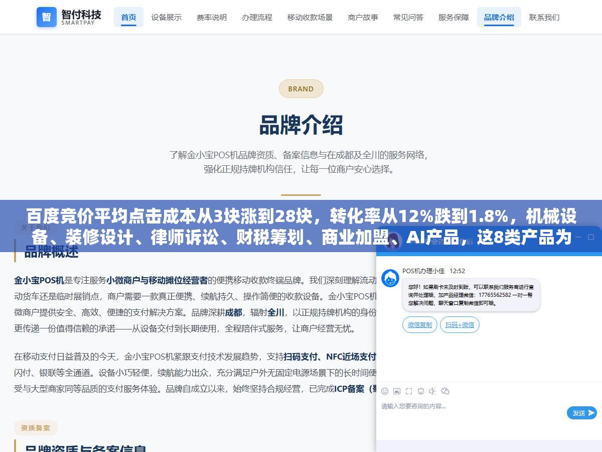 1 - 百度竞价平均点击成本从3块涨到28块，转化率从12%跌到1.8%，机械设备、装修设计、律师诉讼、财税筹划、商业加盟、AI产品，这8类产品为什么还能在竞价里赚钱？客单价低于3000的趁早换渠道 - UC建站系统
