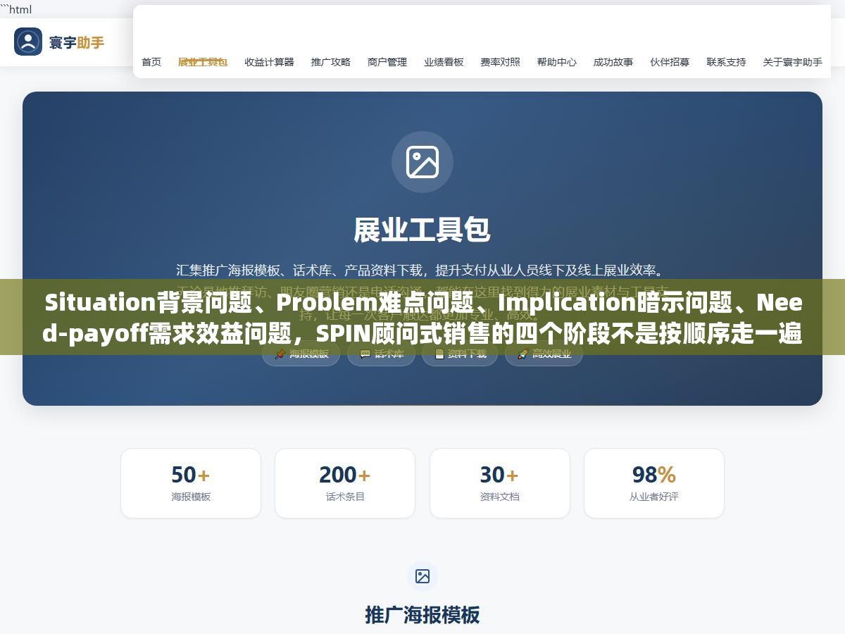 Situation背景问题、Problem难点问题、Implication暗示问题、Need-payoff需求效益问题,SPIN顾问式销售的四个阶段不是按顺序走一遍就完了,能不能在客户脑子里种下一个"不解决这个问题损失更大"的认知才是这套方法有没有用对的关键 2 - Situation背景问题、Problem难点问题、Implication暗示问题、Need-payoff需求效益问题,SPIN顾问式销售的四个阶段不是按顺序走一遍就完了,能不能在客户脑子里种下一个"不解决这个问题损失更大"的认知才是这套方法有没有用对的关键 - UC建站系统