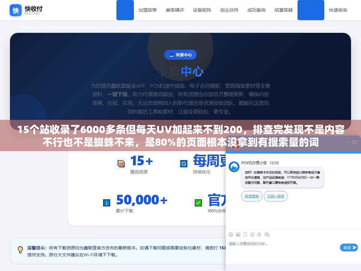 15个站收录了6000多条但每天UV加起来不到200,排查完发现不是内容不行也不是蜘蛛不来,是80%的页面根本没拿到有搜索量的词 1 - 15个站收录了6000多条但每天UV加起来不到200,排查完发现不是内容不行也不是蜘蛛不来,是80%的页面根本没拿到有搜索量的词 - UC建站系统